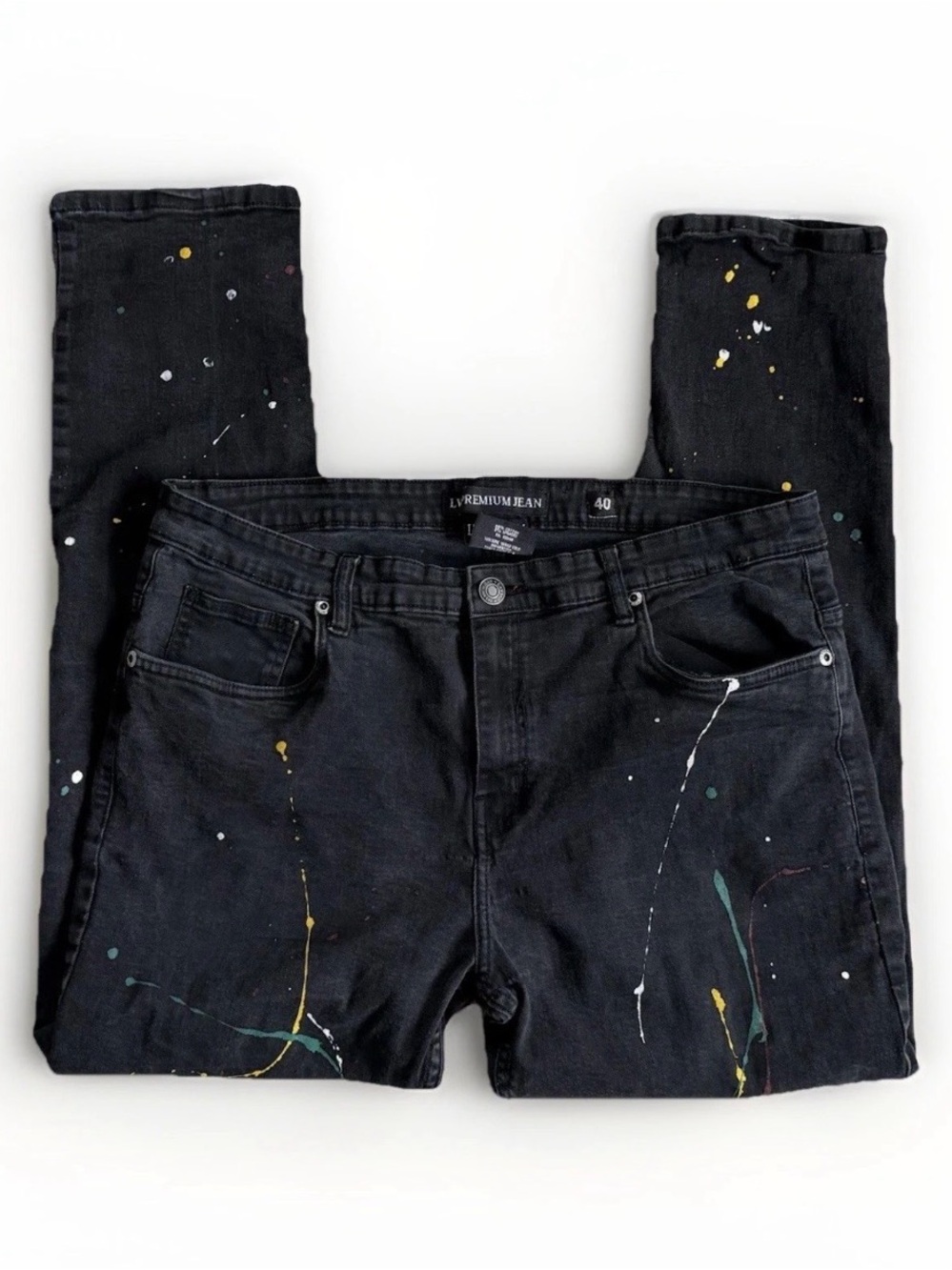 Black Paint Splatter Distressed Slim Straight Jeans Men’s 40 Skater Streetwear
